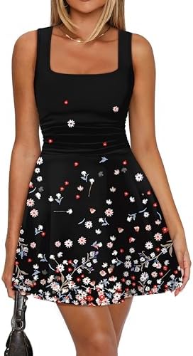 Womens Sun Dresses 2026 Square Neck Dress Summer Casual Floral in Print Black