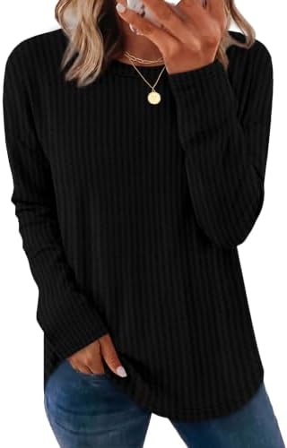 Womens Sweaters Long Sleeve Waffle Knit Tunic Tops Loose Fit in Black