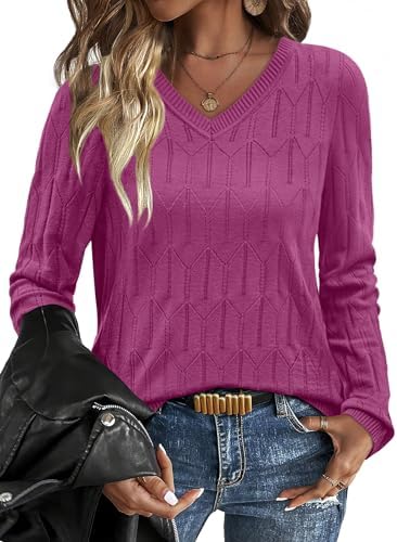 Womens Sweaters V Neck Long Sleeve Going Out Tops Thanksgiving in Fuchsia Pink