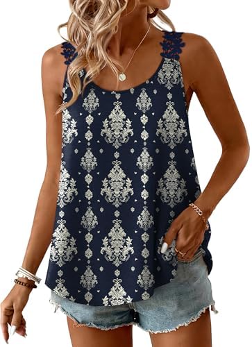 Womens Tank Tops Summer Crew Neck Tshirts Shirts for Women in Blue Floral Print