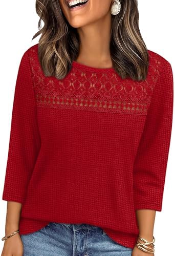 Womens Tops 3/4 Length Sleeve Spring Outfits 2026 Winter in Red