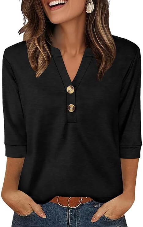 Womens Tops 3/4 Sleeve T Shirts for Women Beach Vacation in Black