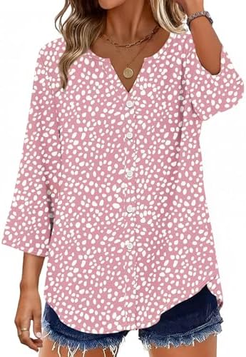 Womens Tops Button Down Shirts 3/4 Length Sleeve Womens Summer in C-pink Polka Dot