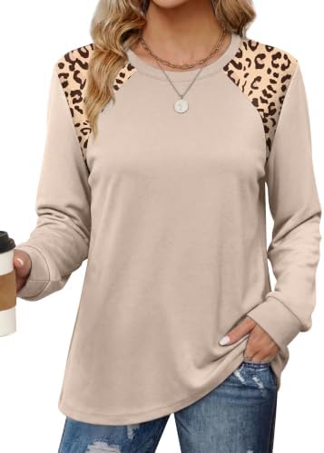 Womens Tops Casual Crewneck Pullover Sweatshirt Apricot Leopard in Apricot Leopard