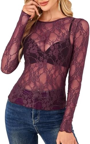 Womens Tops Casual Lace Sleeve Shirts Trendy Crewneck Mesh in Burgundy