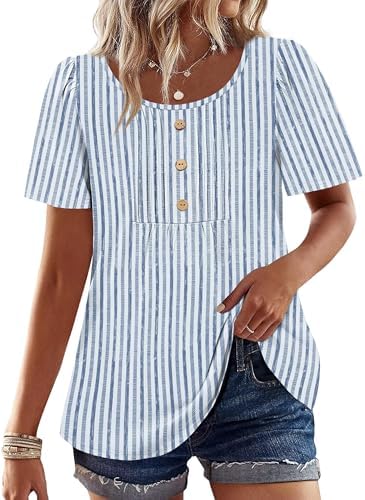 Womens Tops Dressy Casual Blue White Stripes Short Sleeve