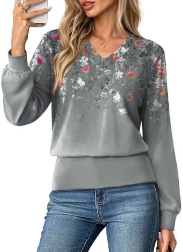 Womens Tops Dressy Casual Fall Fashion Must Haves Trendy Shirts in Floral Print Grey Flowers