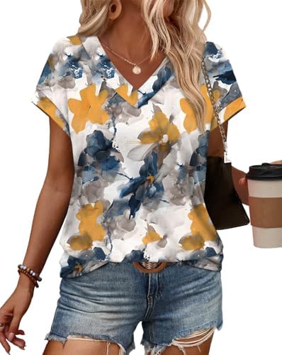 Womens Tops Dressy Casual Short Sleeve Shirts Plus Size Spring in D-blue Yellow Floral
