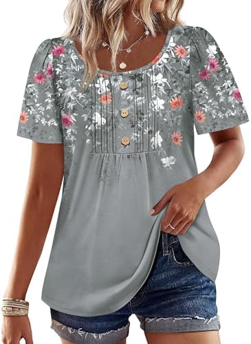 Womens Tops Dressy Casual Short Sleeve Shirts Summer Outfits in Y-floral Grey