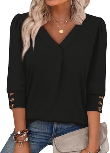 Womens Tops Dressy Casual V Neck 3/4 Sleeve T Shirts for Women in Black