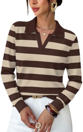 Womens Tops Fall 2026 Long Sleeve Shirts Sweaters for Women in Apricot Coffee Striped