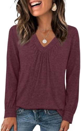 Womens Tops Fall Fashion Outfits 2026 Long Sleeve Shirts V Neck in 01-burgundy