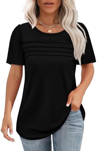 Womens Tops for Teachers Dressy Casual Blouse Short Sleeve in 1-black
