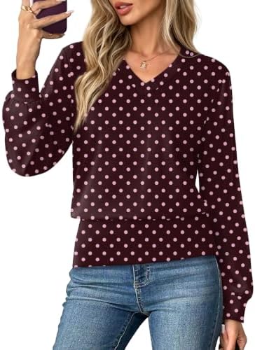 Womens Tops Going Out Cute Petite Polka Dot Long Sleeve Shirts M in Polka Dot Brown Pink