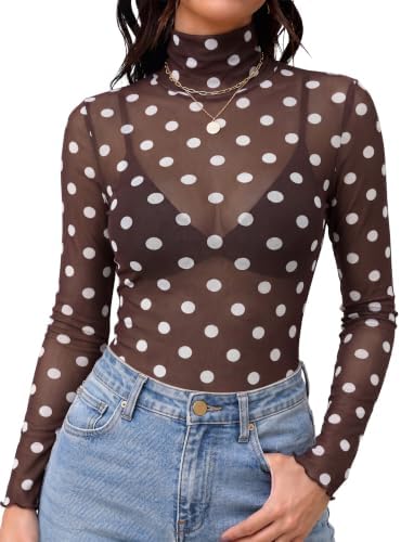 Womens Tops Going Out Long Sleeve Shirts Summer Beach Vacation in A-brown Polka Dots