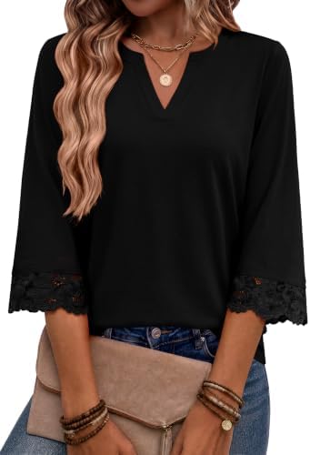 Womens Tops Lace 3/4 Length Sleeve Boho Tops for Women V Neck in Black