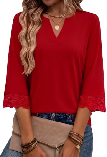 Womens Tops Lace 3/4 Sleeve Length Boho Tops for Women Fashion in Red