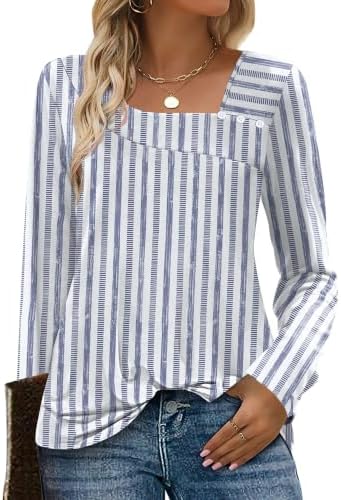 Womens Tops Long Sleeve Shirts Fall Outfits for Women 2026 in Blue Striped
