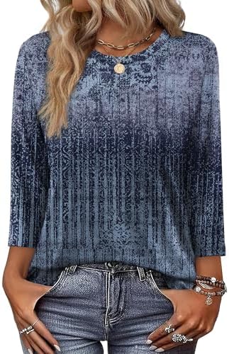 Womens Tops Spring Outfits 3/4 Length Sleeve Tops Tie Dye Shirt