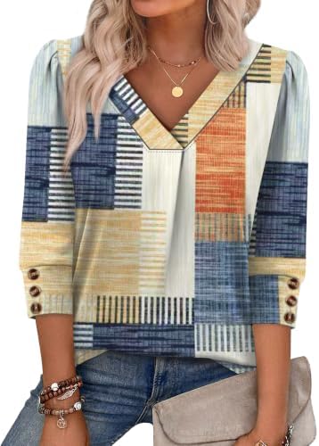 Womens Tops Summer 2026 V Neck 3/4 Sleeve Blouses for Women in Orange and Blue Plaid