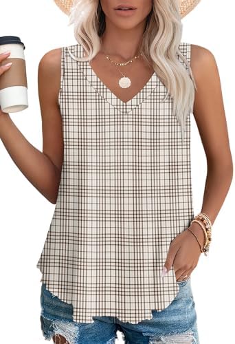 Womens Tops Summer Tank Tops for Women V Neck Fashion Clothing in Beige Check