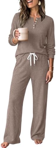 Womens Two Piece Pajamas Sets Casual Lounge Fall Outfit Brown M in Coffee Brown