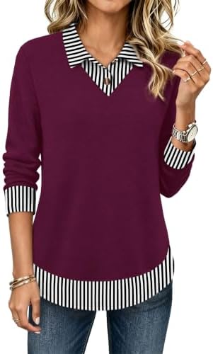 Work Shirts for Women Polo Teacher Outfits Fall Plus Size Tops in Burgundy Stripe