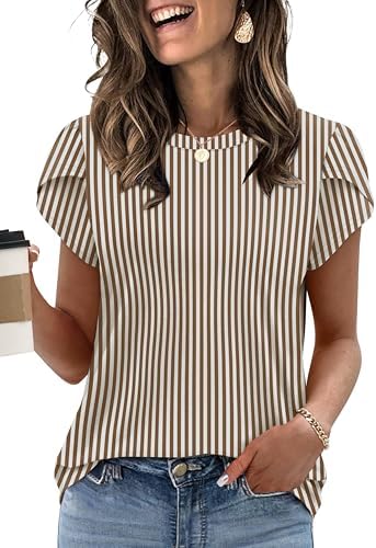Work Tops for Women Business Casual Office Short Sleeve Womens in Coffee Stripe